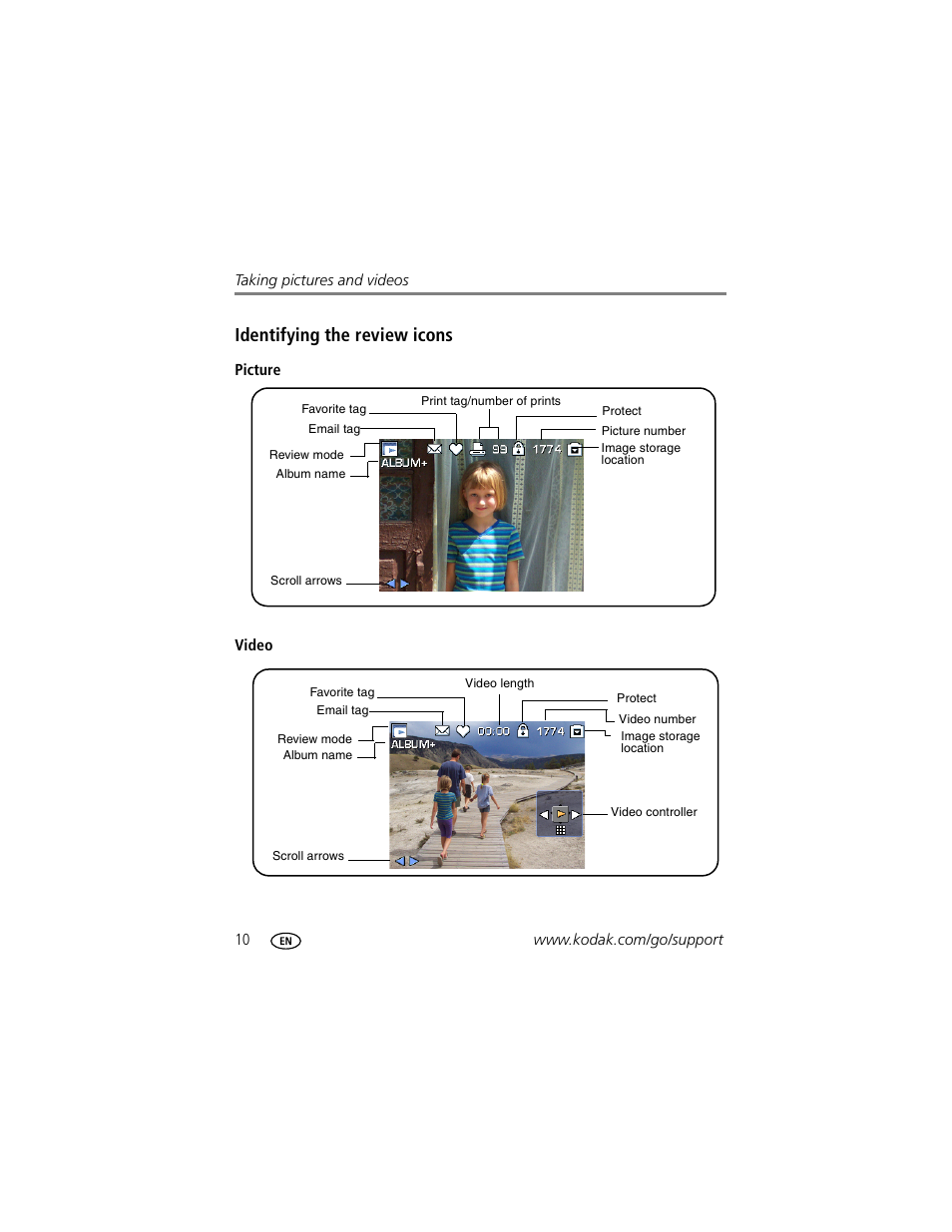 Identifying the review icons, Picture, Video | Kodak Z612 User Manual | Page 16 / 90