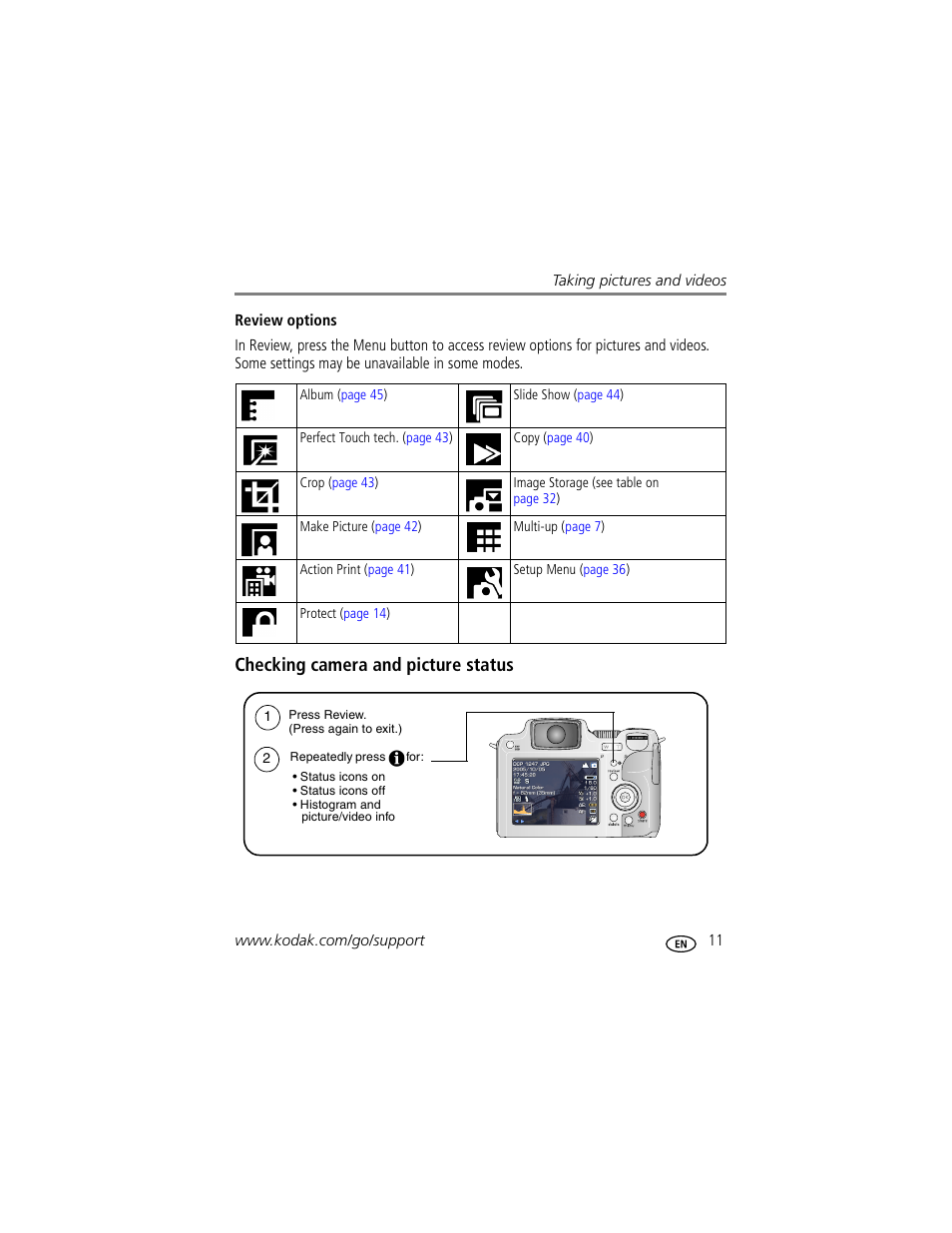 Review options, Checking camera and picture status | Kodak Z612 User Manual | Page 17 / 90