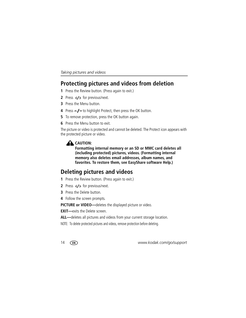 Protecting pictures and videos from deletion, Deleting pictures and videos | Kodak Z612 User Manual | Page 20 / 90