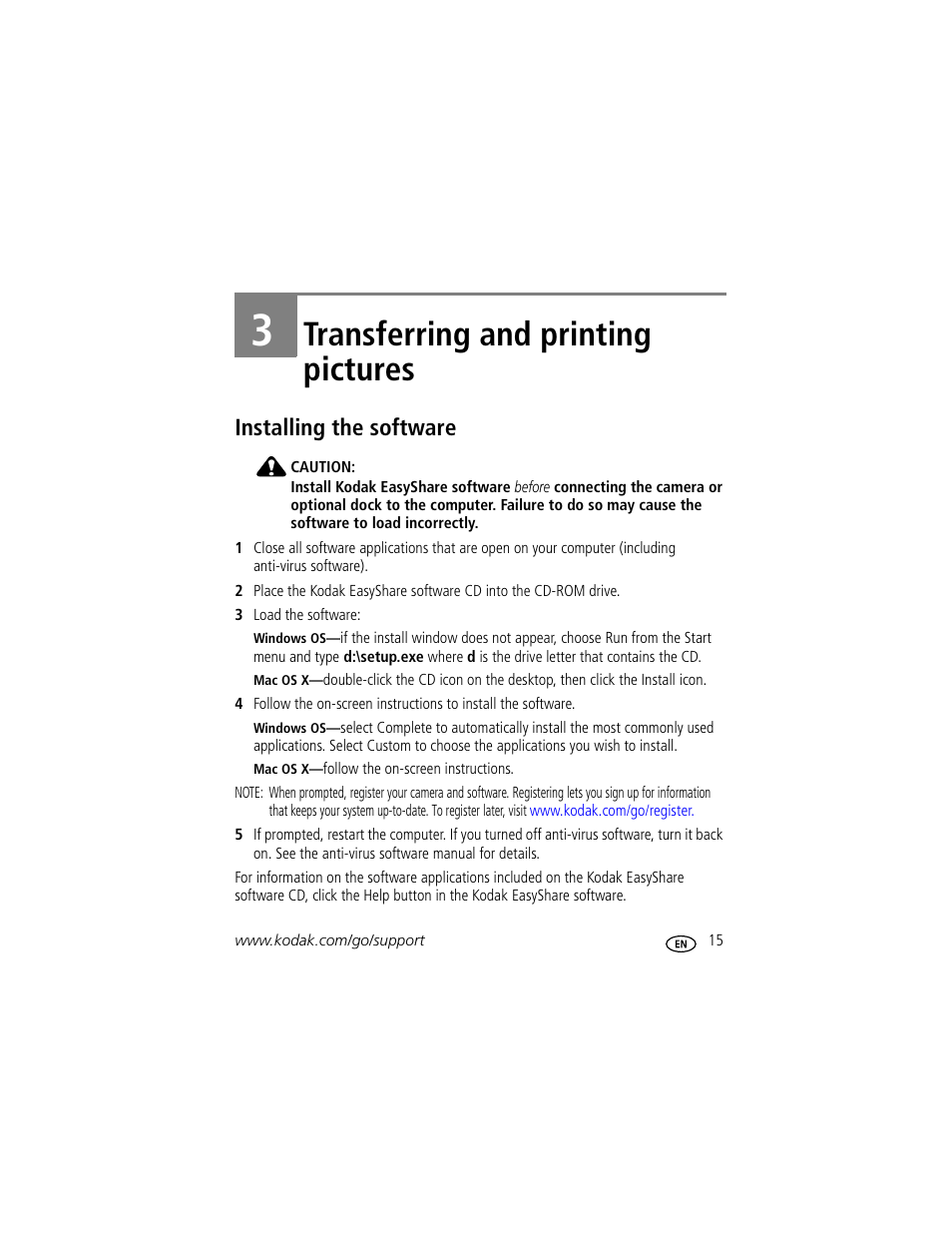 Transferring and printing pictures, Installing the software, 3 transferring and printing pictures | Kodak Z612 User Manual | Page 21 / 90