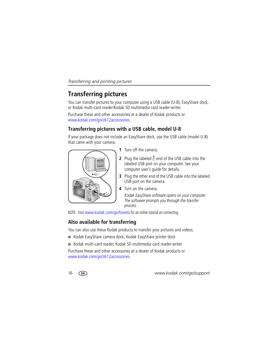 Transferring pictures, Transferring pictures with a usb cable, model u-8, Also available for transferring | Kodak Z612 User Manual | Page 22 / 90
