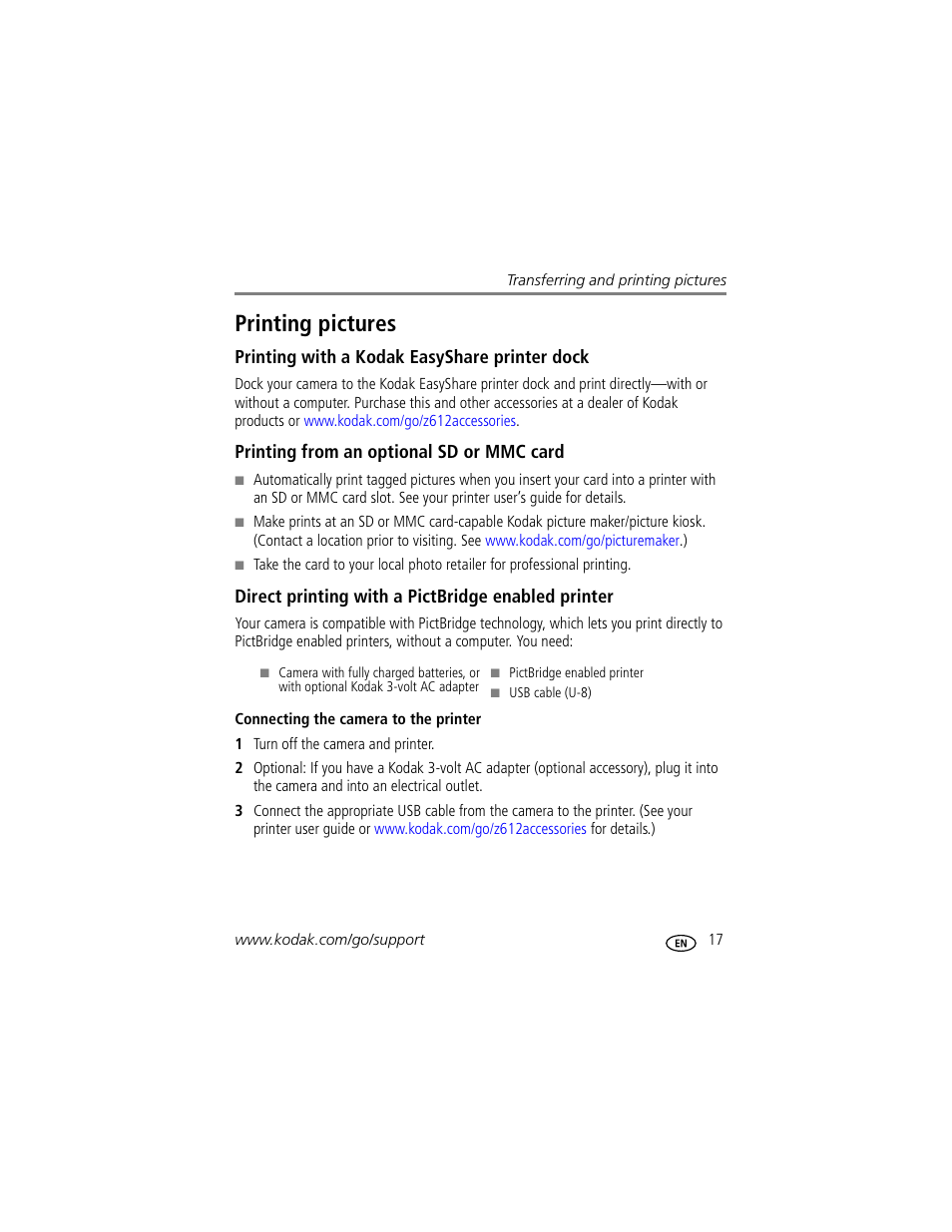 Printing pictures, Printing with a kodak easyshare printer dock, Printing from an optional sd or mmc card | Direct printing with a pictbridge enabled printer, Connecting the camera to the printer | Kodak Z612 User Manual | Page 23 / 90
