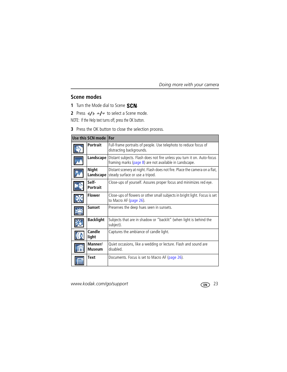 Scene modes | Kodak Z612 User Manual | Page 29 / 90