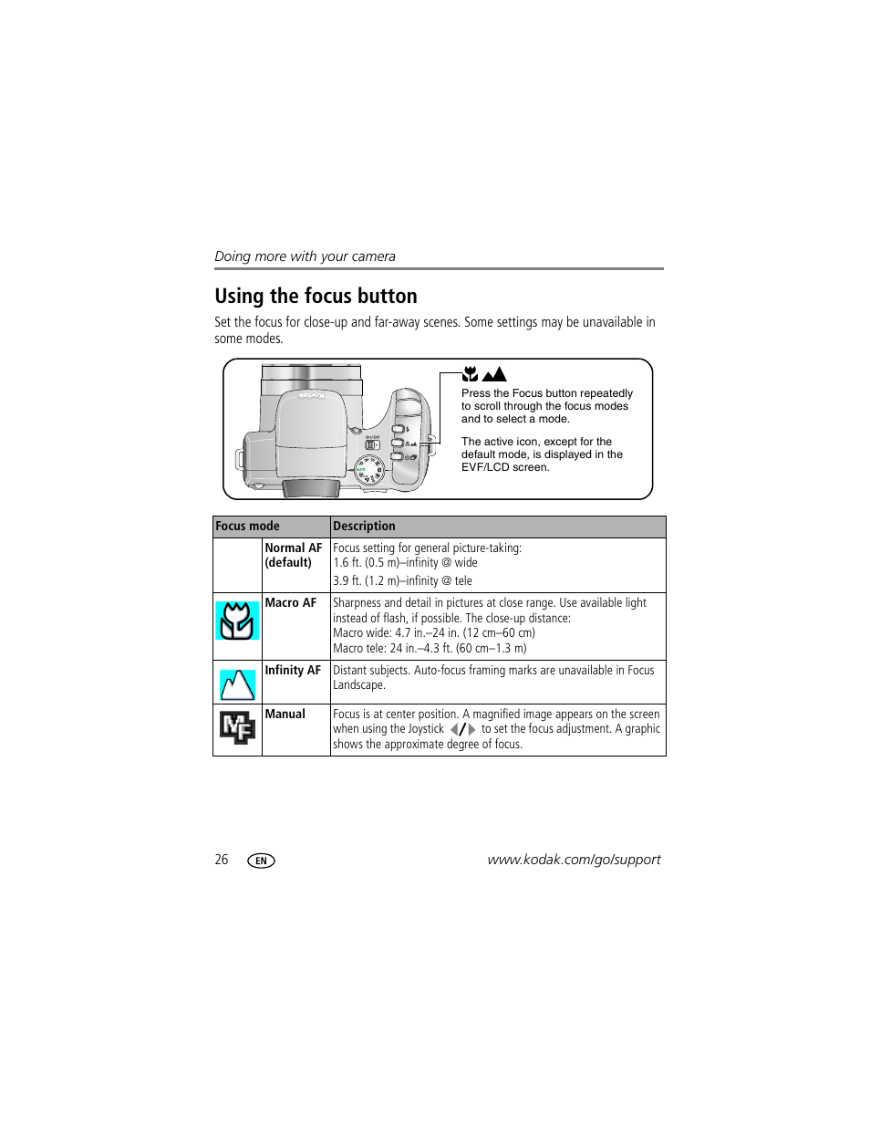 Using the focus button | Kodak Z612 User Manual | Page 32 / 90