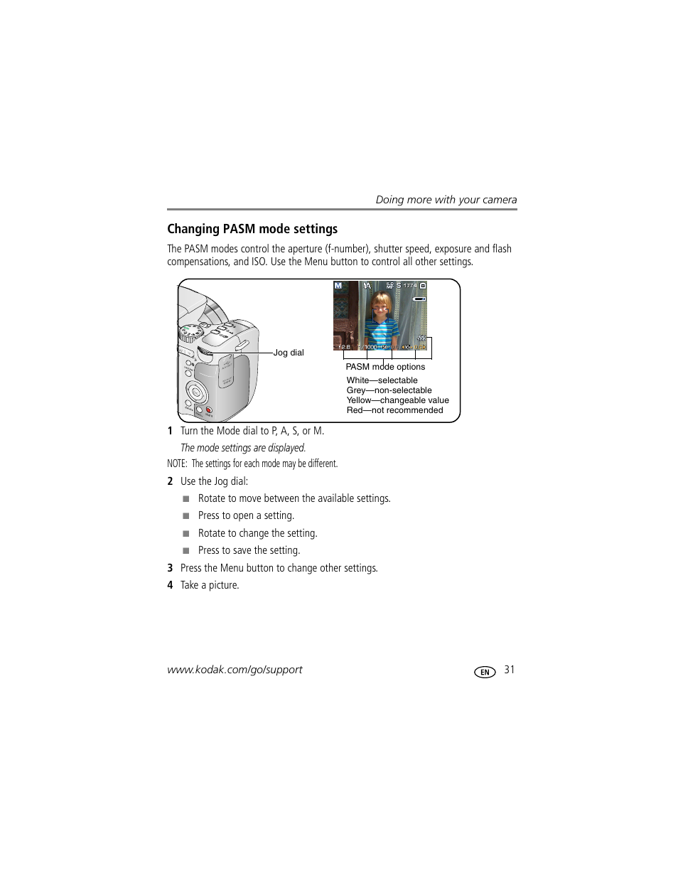 Changing pasm mode settings | Kodak Z612 User Manual | Page 37 / 90