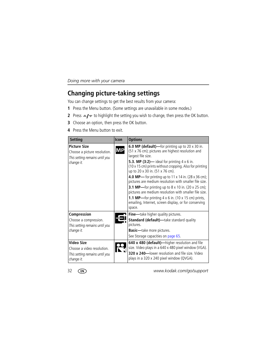 Changing picture-taking settings | Kodak Z612 User Manual | Page 38 / 90
