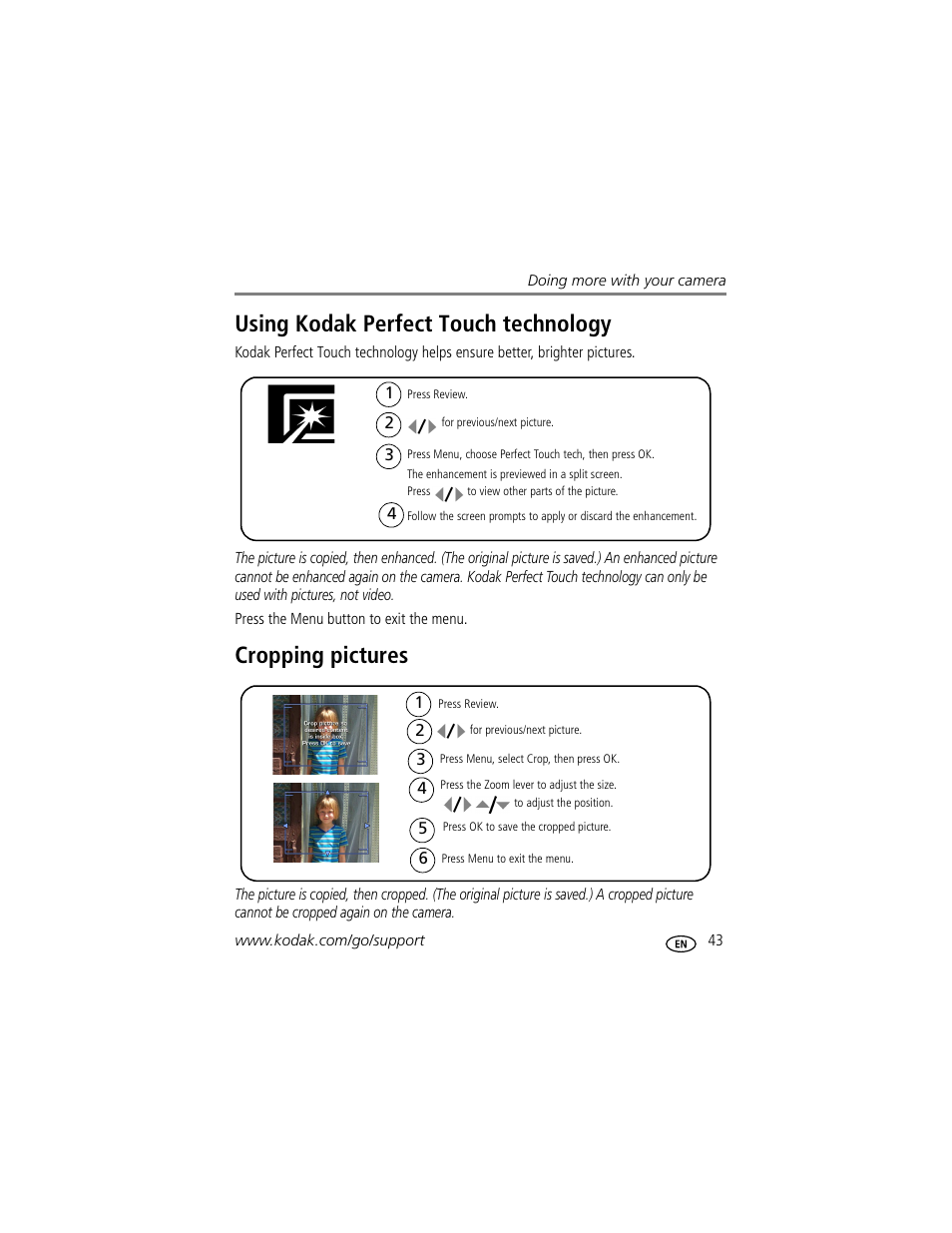 Using kodak perfect touch technology, Cropping pictures | Kodak Z612 User Manual | Page 49 / 90