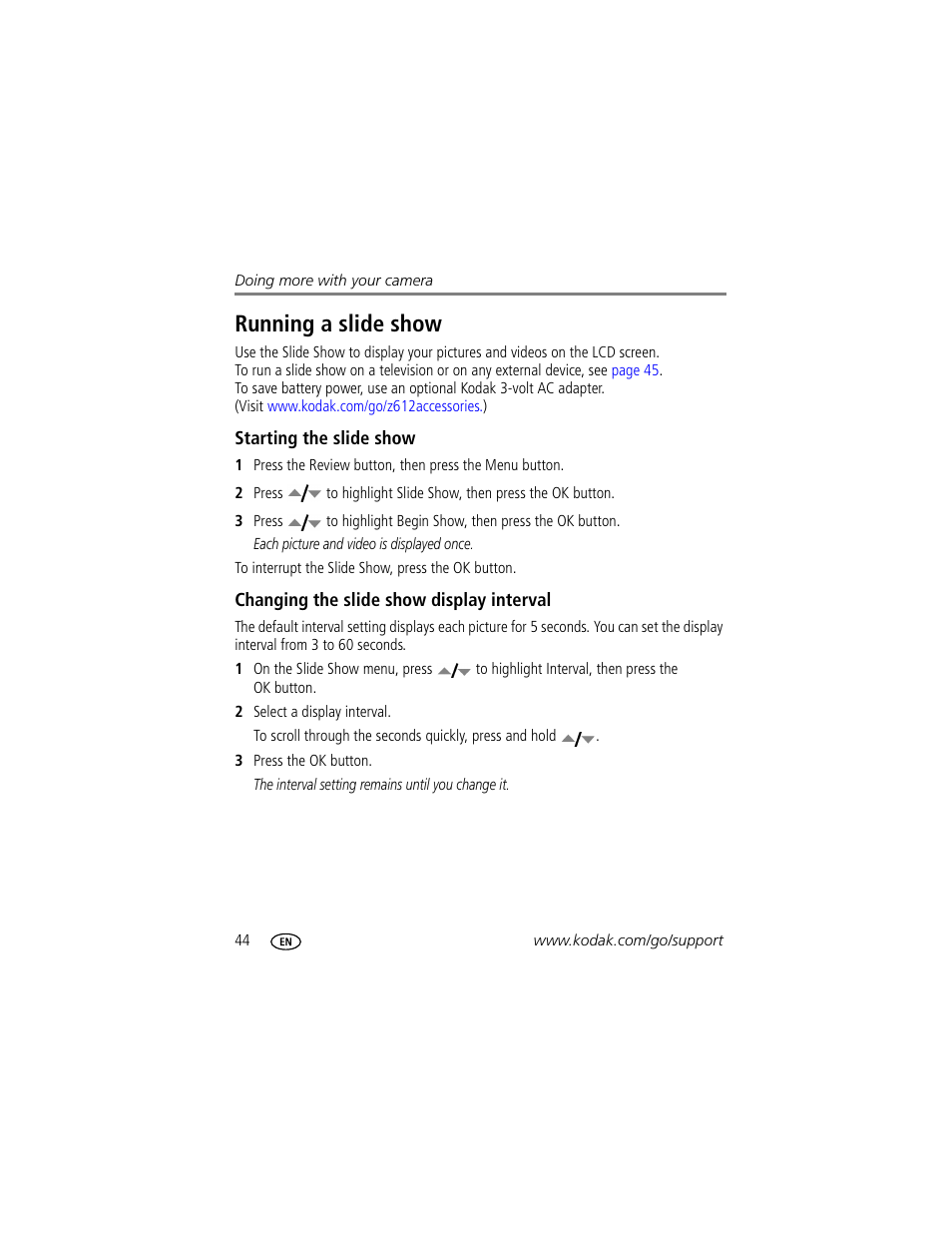 Running a slide show, Starting the slide show, Changing the slide show display interval | Kodak Z612 User Manual | Page 50 / 90