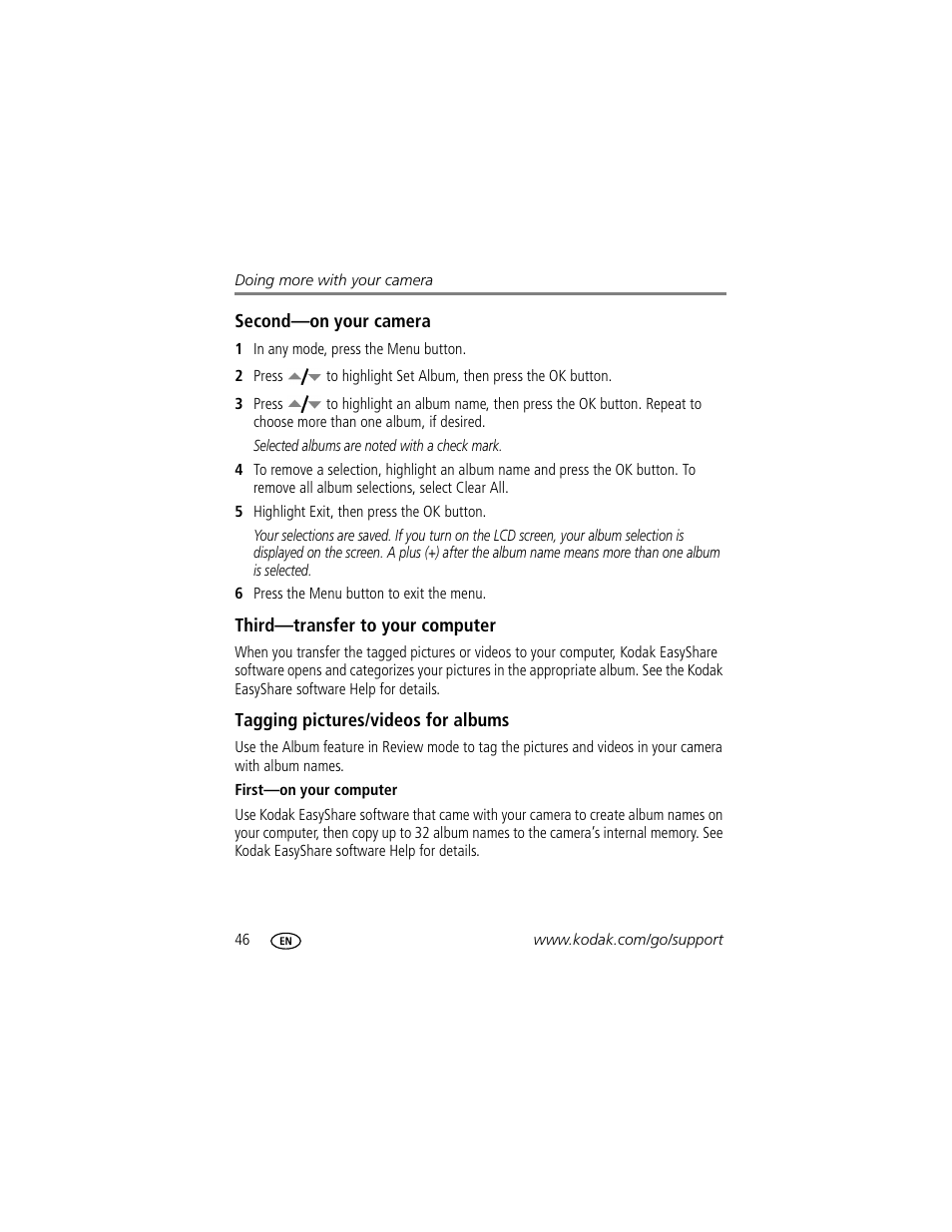 Second-on your camera, Third-transfer to your computer, Tagging pictures/videos for albums | First-on your computer | Kodak Z612 User Manual | Page 52 / 90