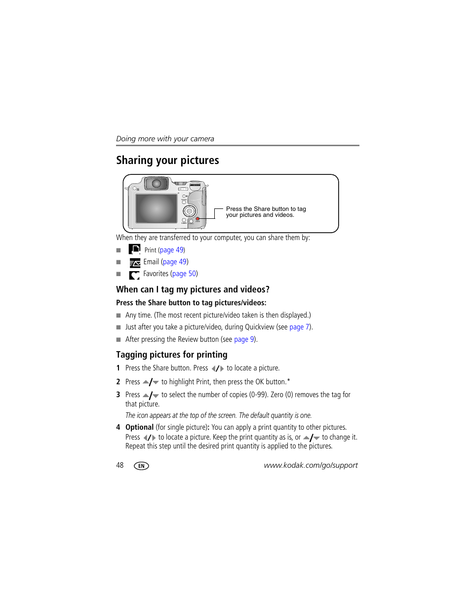 Sharing your pictures, When can i tag my pictures and videos, Tagging pictures for printing | Kodak Z612 User Manual | Page 54 / 90