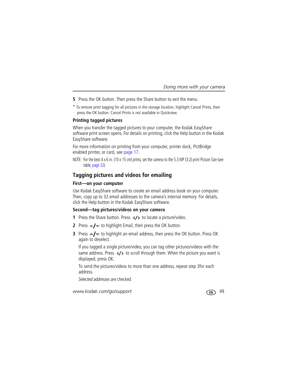 Printing tagged pictures, Tagging pictures and videos for emailing, First-on your computer | Second-tag pictures/videos on your camera | Kodak Z612 User Manual | Page 55 / 90