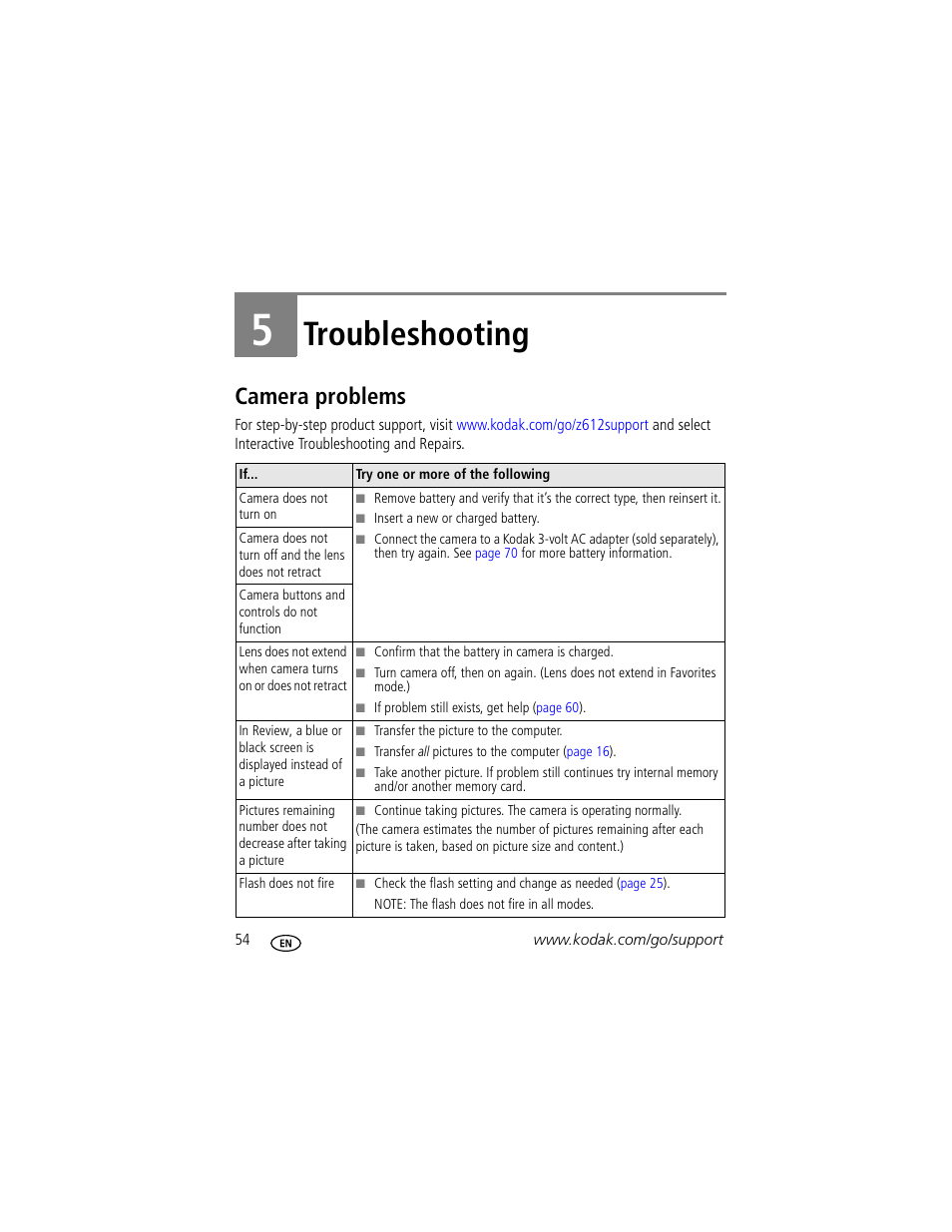 Troubleshooting, Camera problems, 5 troubleshooting | Kodak Z612 User Manual | Page 60 / 90