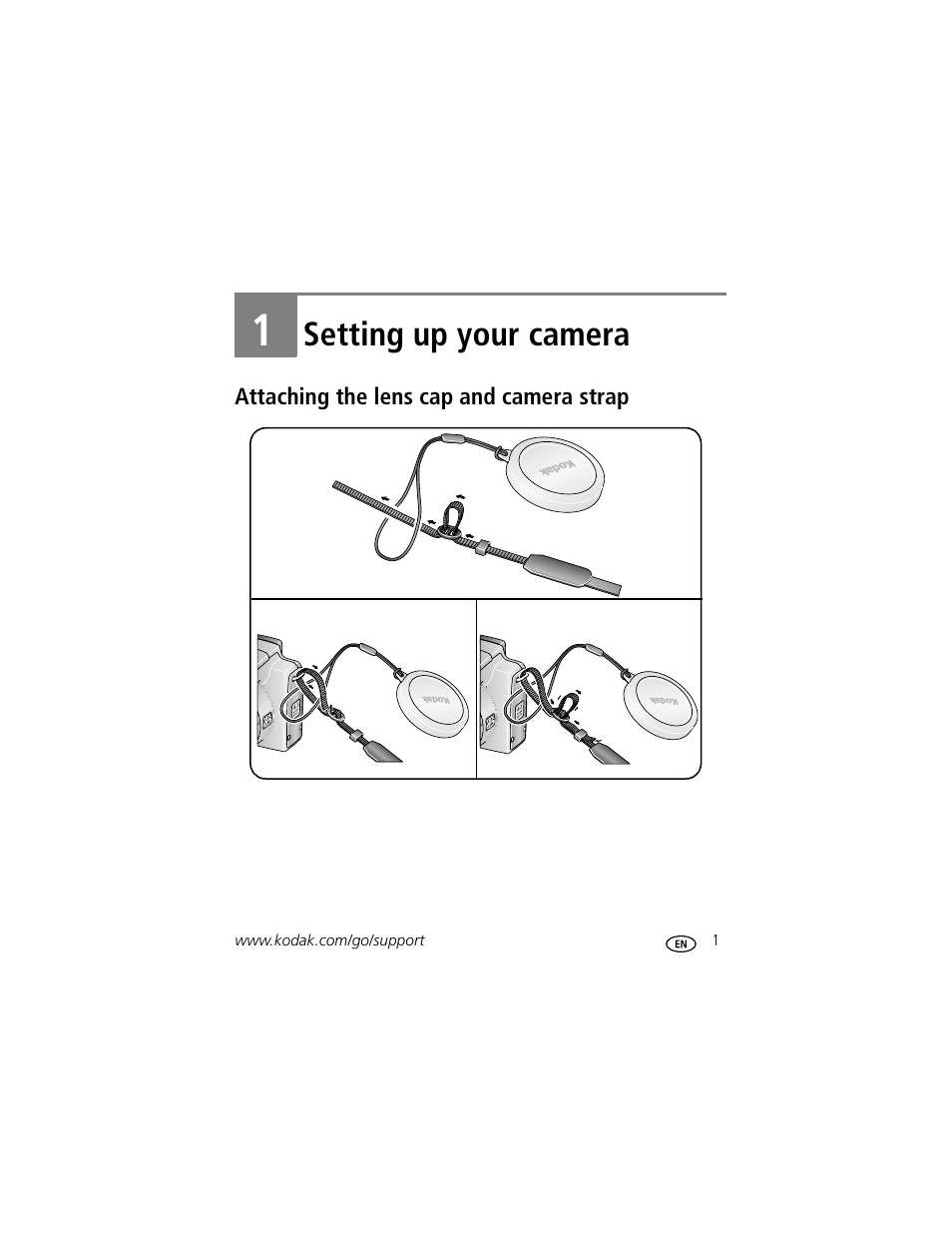 Setting up your camera, Attaching the lens cap and camera strap, 1 setting up your camera | Kodak Z612 User Manual | Page 7 / 90