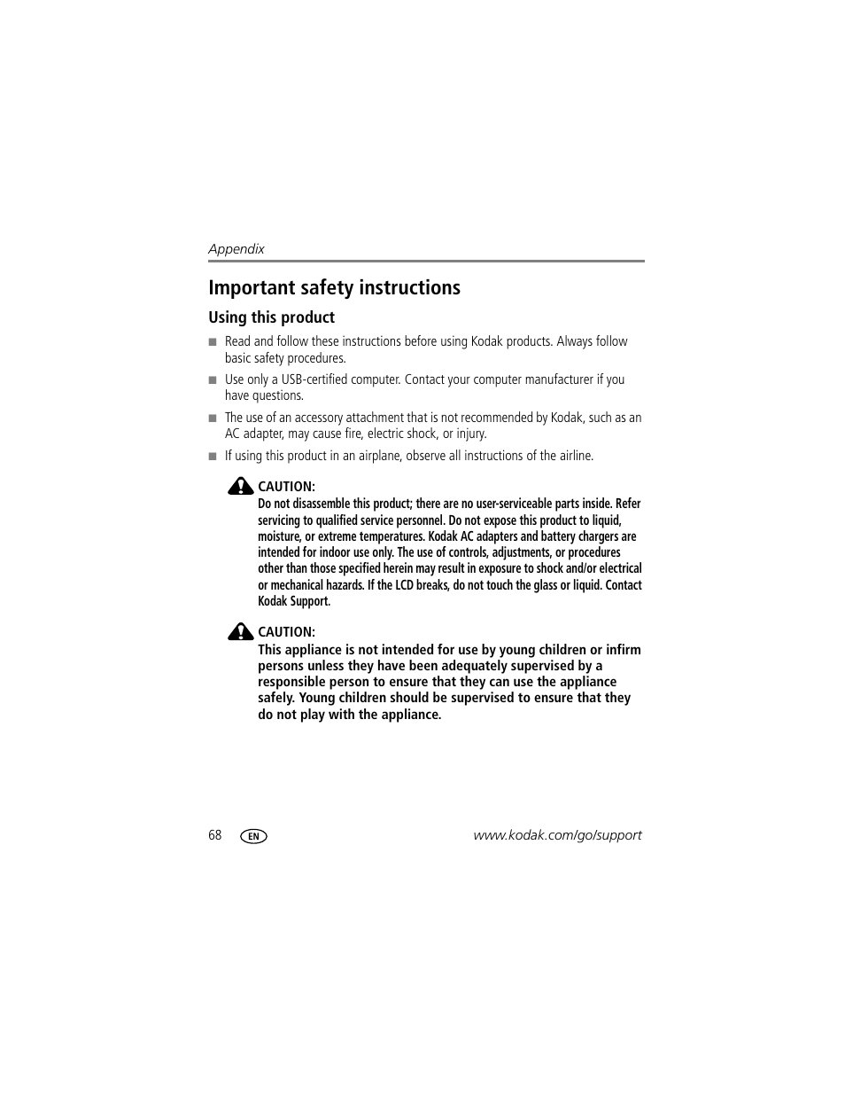 Important safety instructions, Using this product | Kodak Z612 User Manual | Page 74 / 90