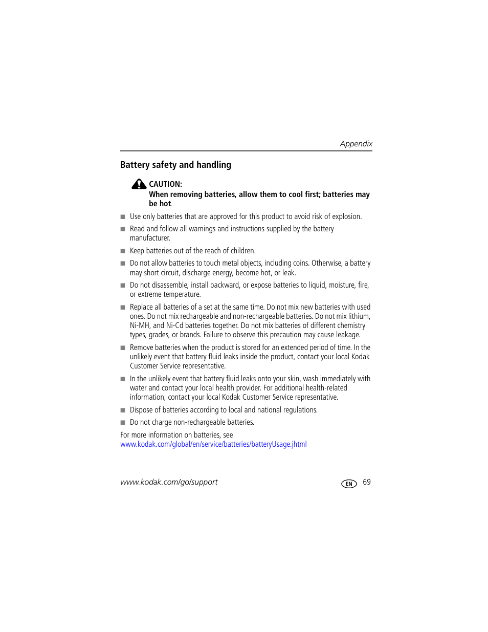 Battery safety and handling | Kodak Z612 User Manual | Page 75 / 90