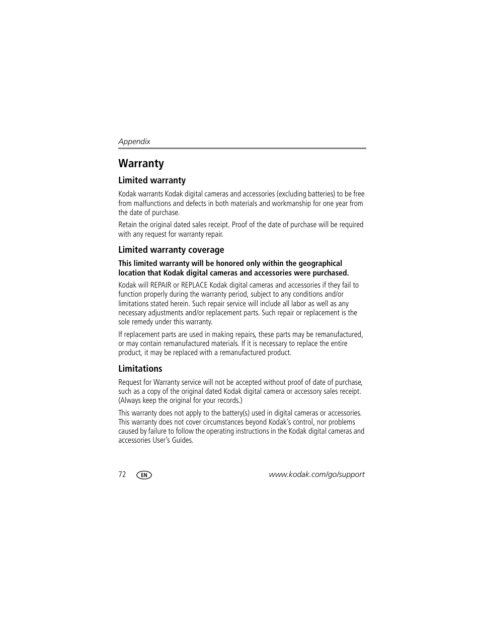 Warranty, Limited warranty, Limited warranty coverage | Limitations | Kodak Z612 User Manual | Page 78 / 90