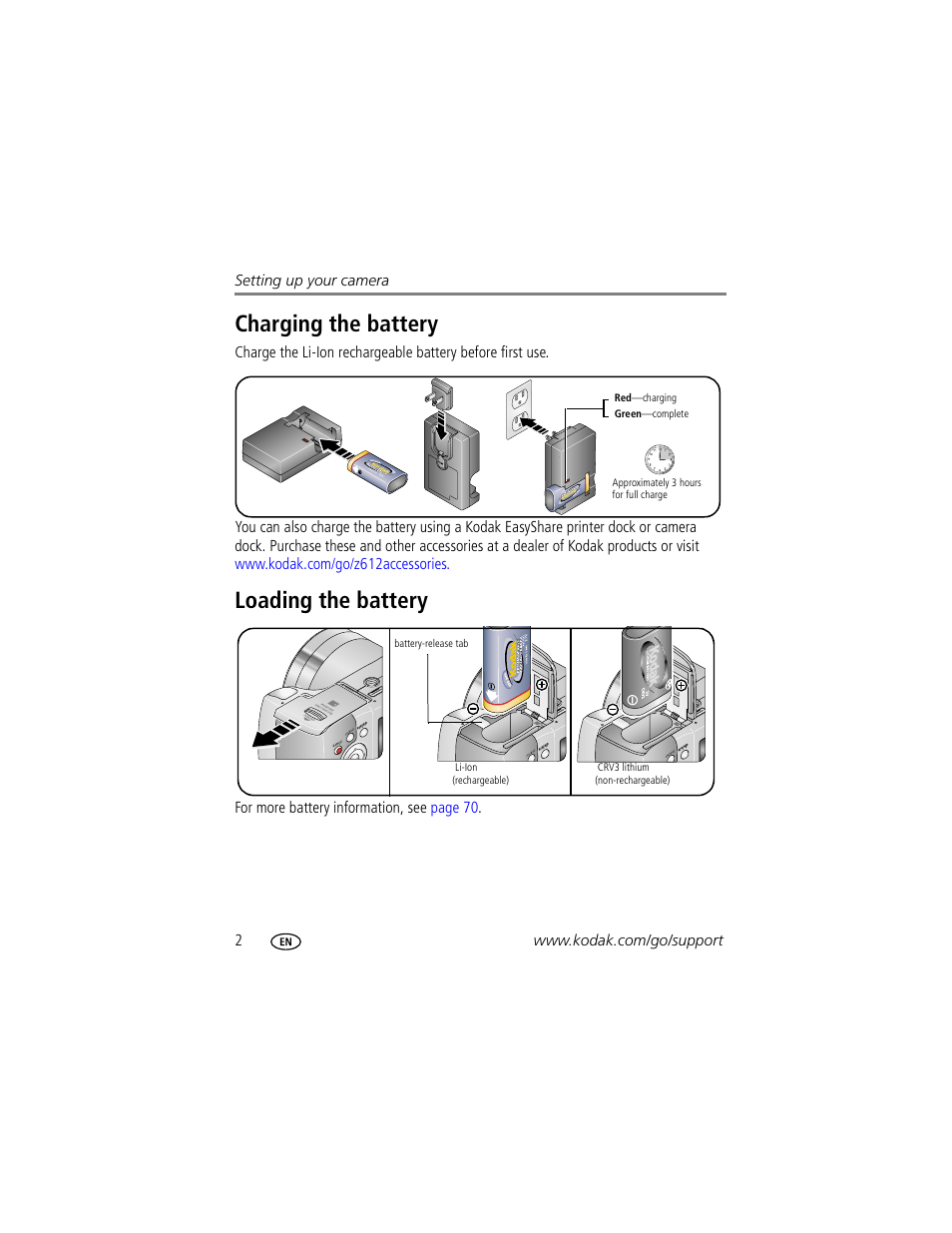 Charging the battery, Loading the battery, Charging the battery loading the battery | Kodak Z612 User Manual | Page 8 / 90