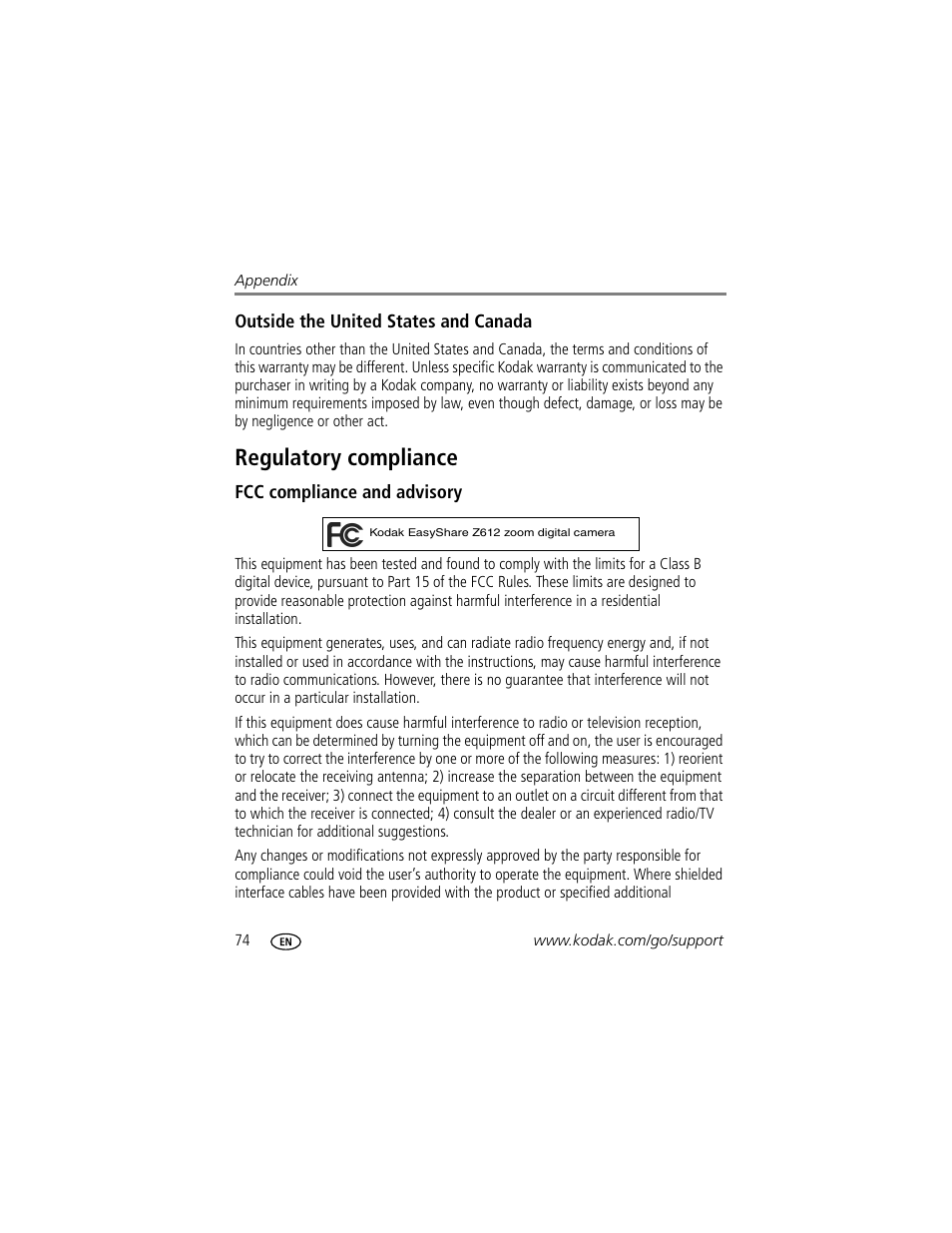 Outside the united states and canada, Regulatory compliance, Fcc compliance and advisory | Kodak Z612 User Manual | Page 80 / 90