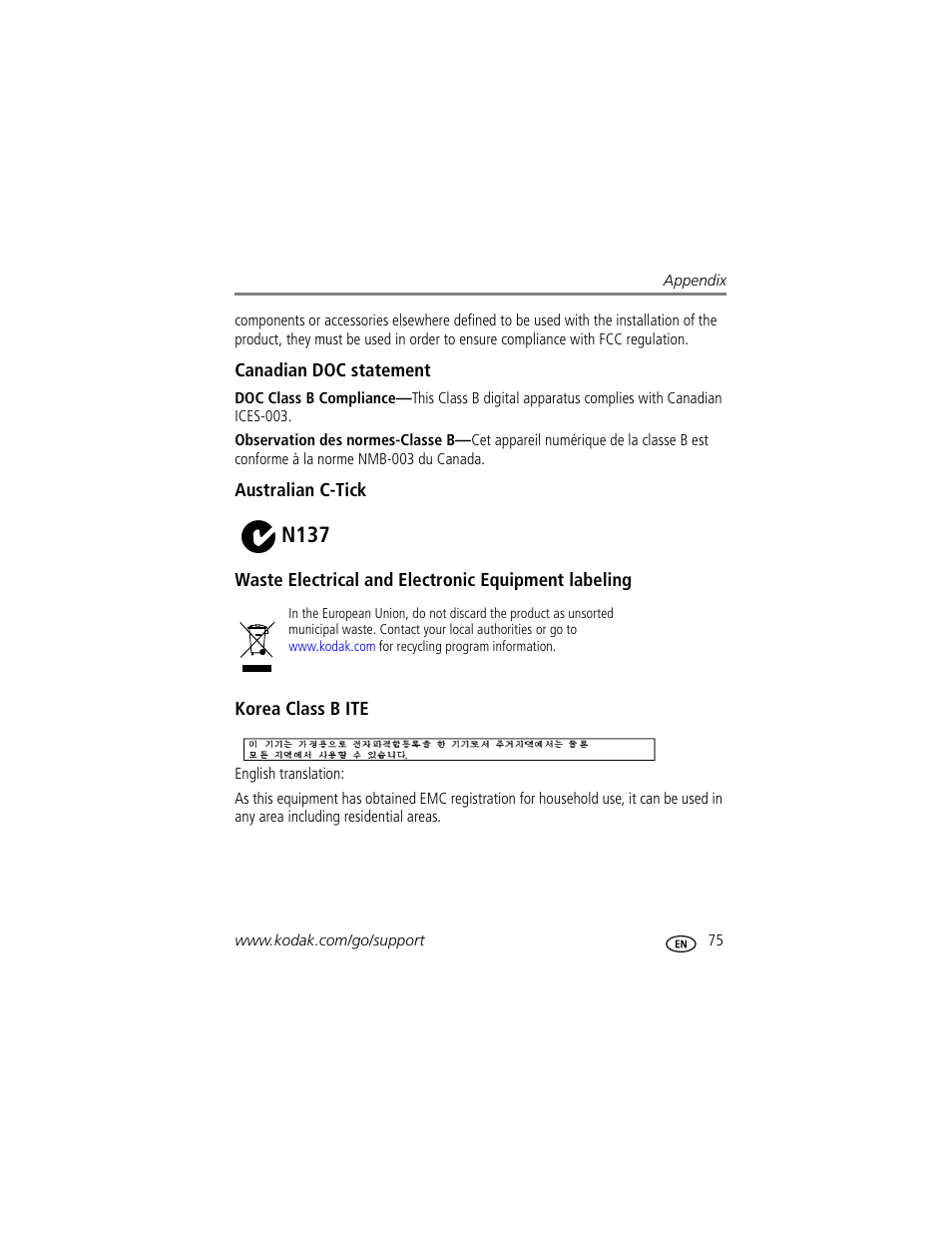 Canadian doc statement, Australian c-tick, Waste electrical and electronic equipment labeling | Korea class b ite, N137 | Kodak Z612 User Manual | Page 81 / 90