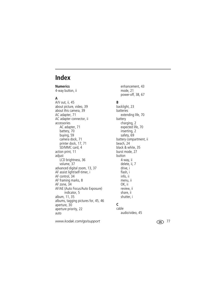 Index | Kodak Z612 User Manual | Page 83 / 90