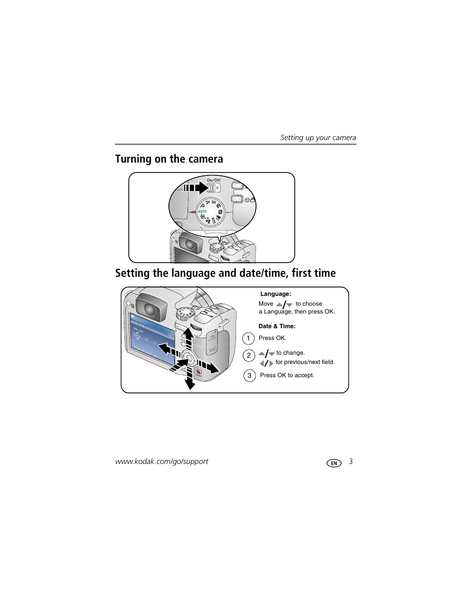 Turning on the camera, Setting the language and date/time, first time | Kodak Z612 User Manual | Page 9 / 90