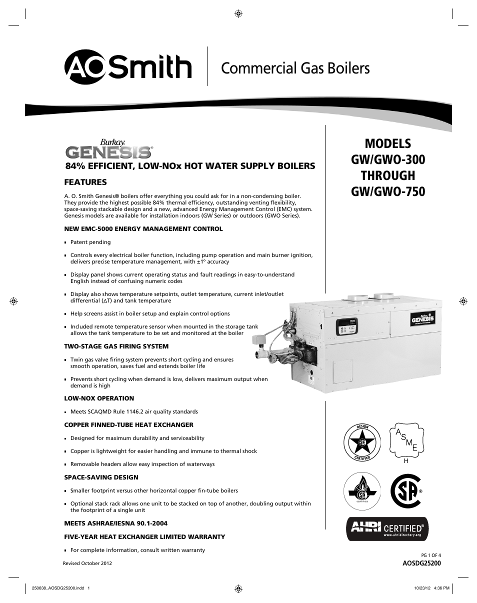 A.O. Smith GW/GWO-750 User Manual | 4 pages