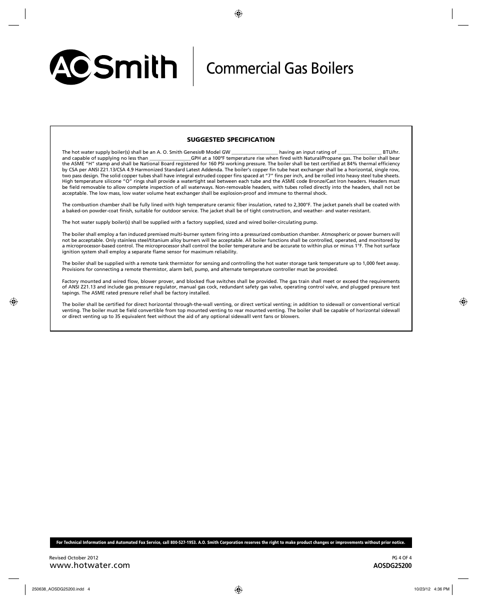 Commercial gas boilers | A.O. Smith GW/GWO-750 User Manual | Page 4 / 4