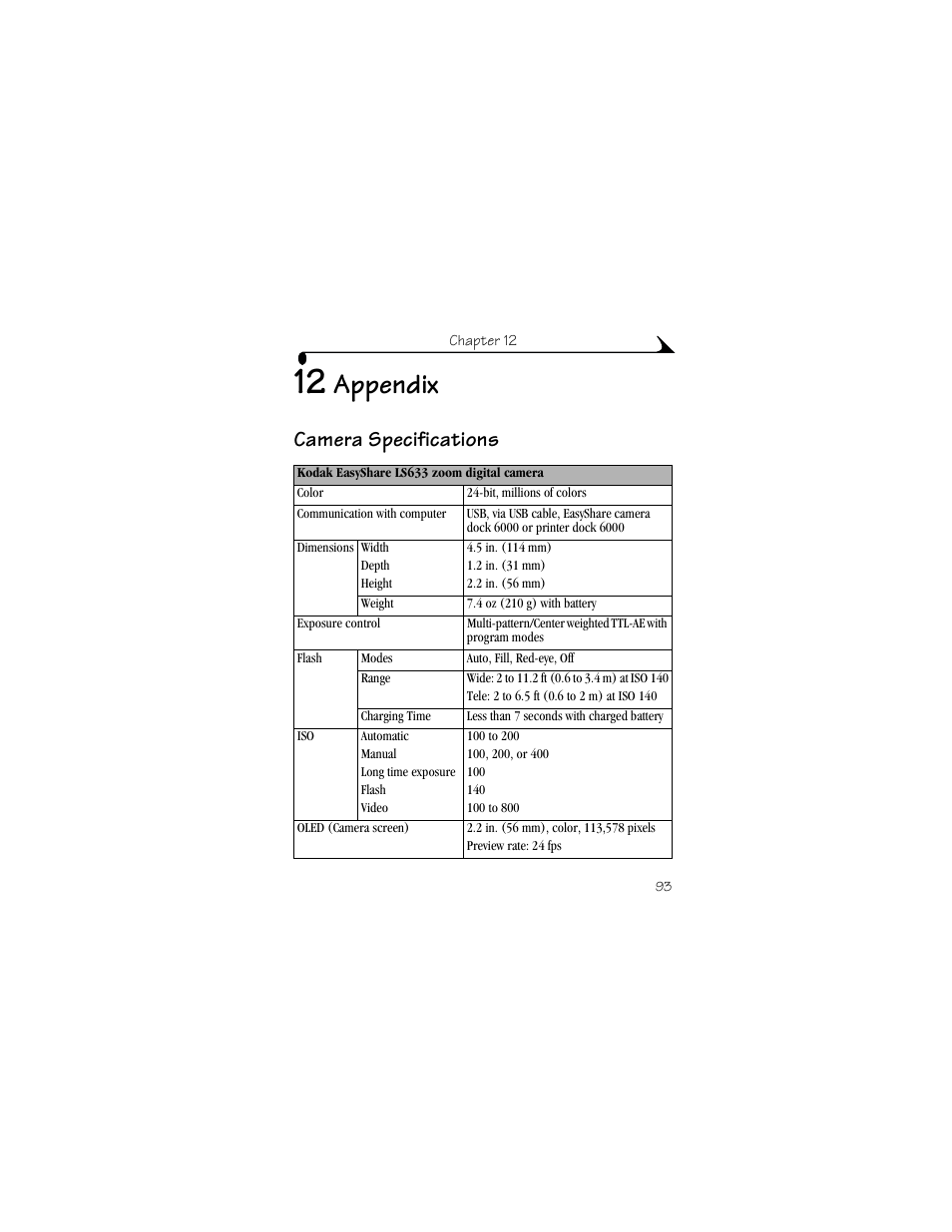 12 appendix, Camera specifications, Appendix | Kodak LS633 User Manual | Page 105 / 124