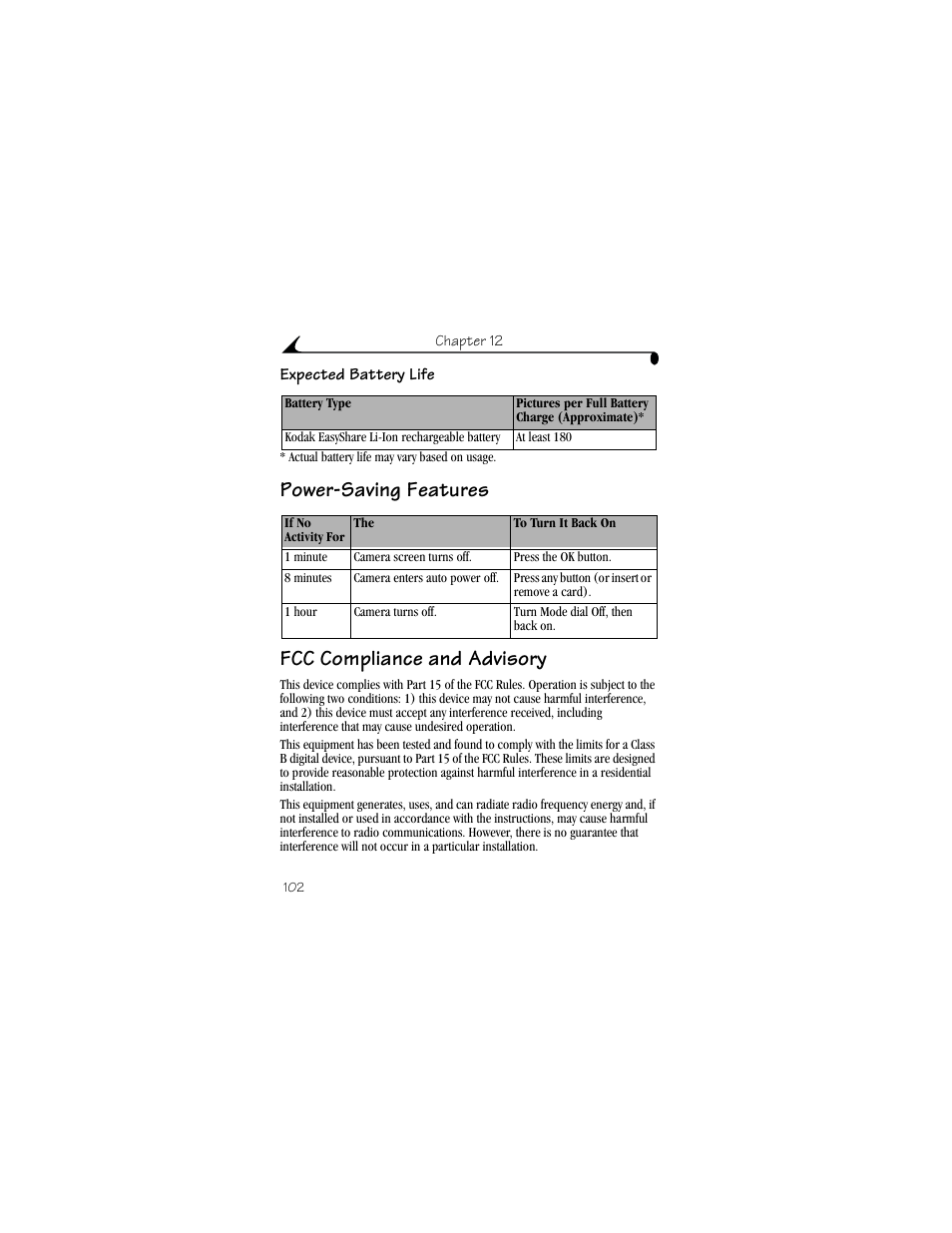 Expected battery life, Power-saving features, Fcc compliance and advisory | Power-saving features fcc compliance and advisory | Kodak LS633 User Manual | Page 114 / 124