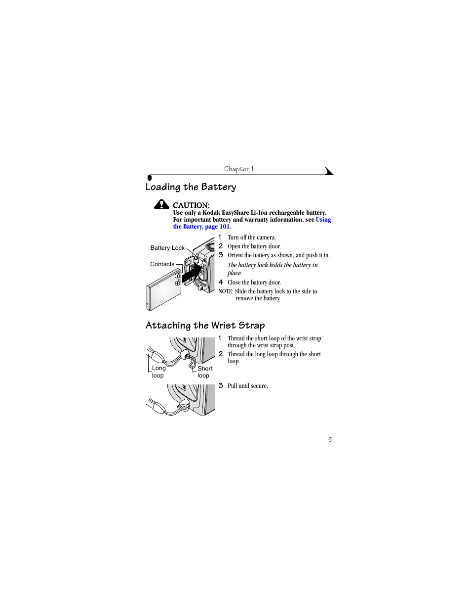 Loading the battery, Attaching the wrist strap, Loading the battery attaching the wrist strap | Kodak LS633 User Manual | Page 17 / 124