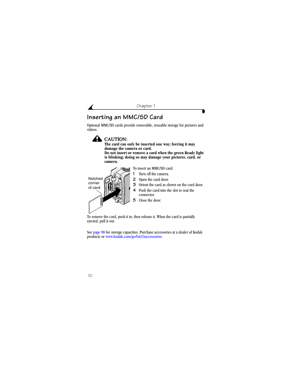 Inserting an mmc/sd card | Kodak LS633 User Manual | Page 22 / 124