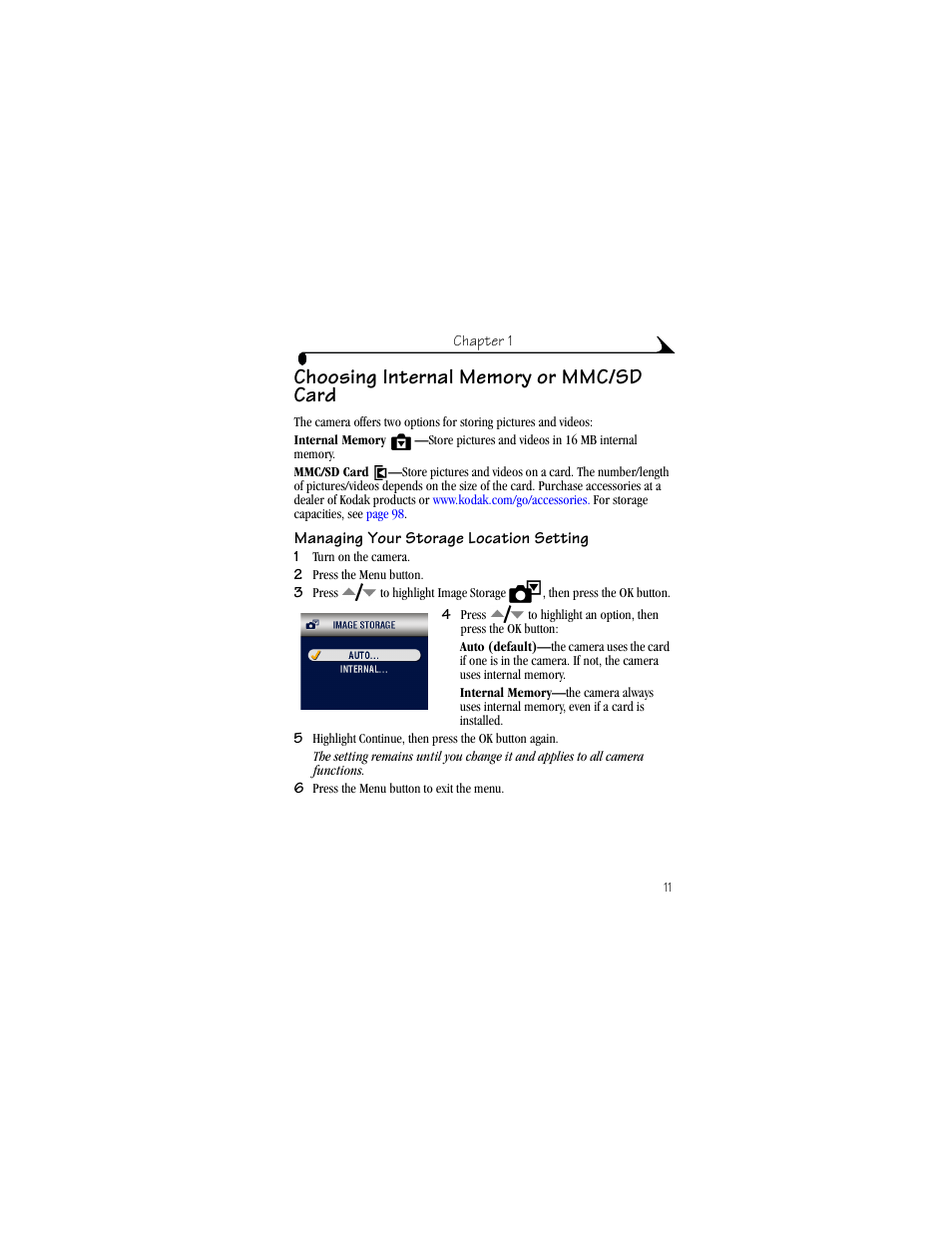 Choosing internal memory or mmc/sd card, Managing your storage location setting | Kodak LS633 User Manual | Page 23 / 124