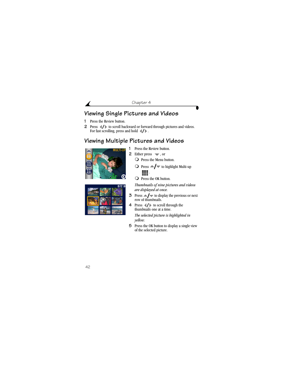 Viewing single pictures and videos, Viewing multiple pictures and videos | Kodak LS633 User Manual | Page 54 / 124