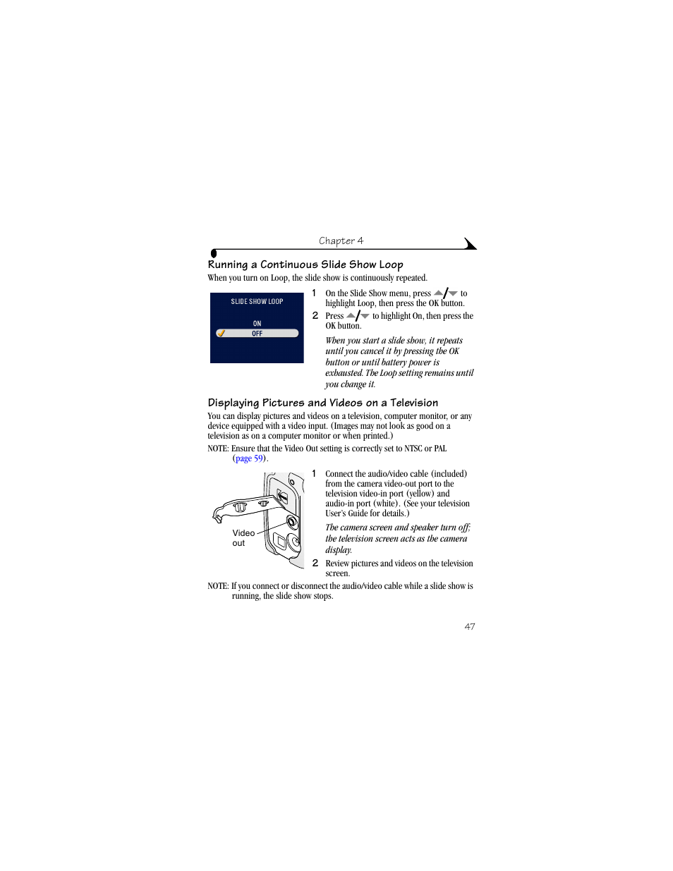 Running a continuous slide show loop, Displaying pictures and videos on a television | Kodak LS633 User Manual | Page 59 / 124