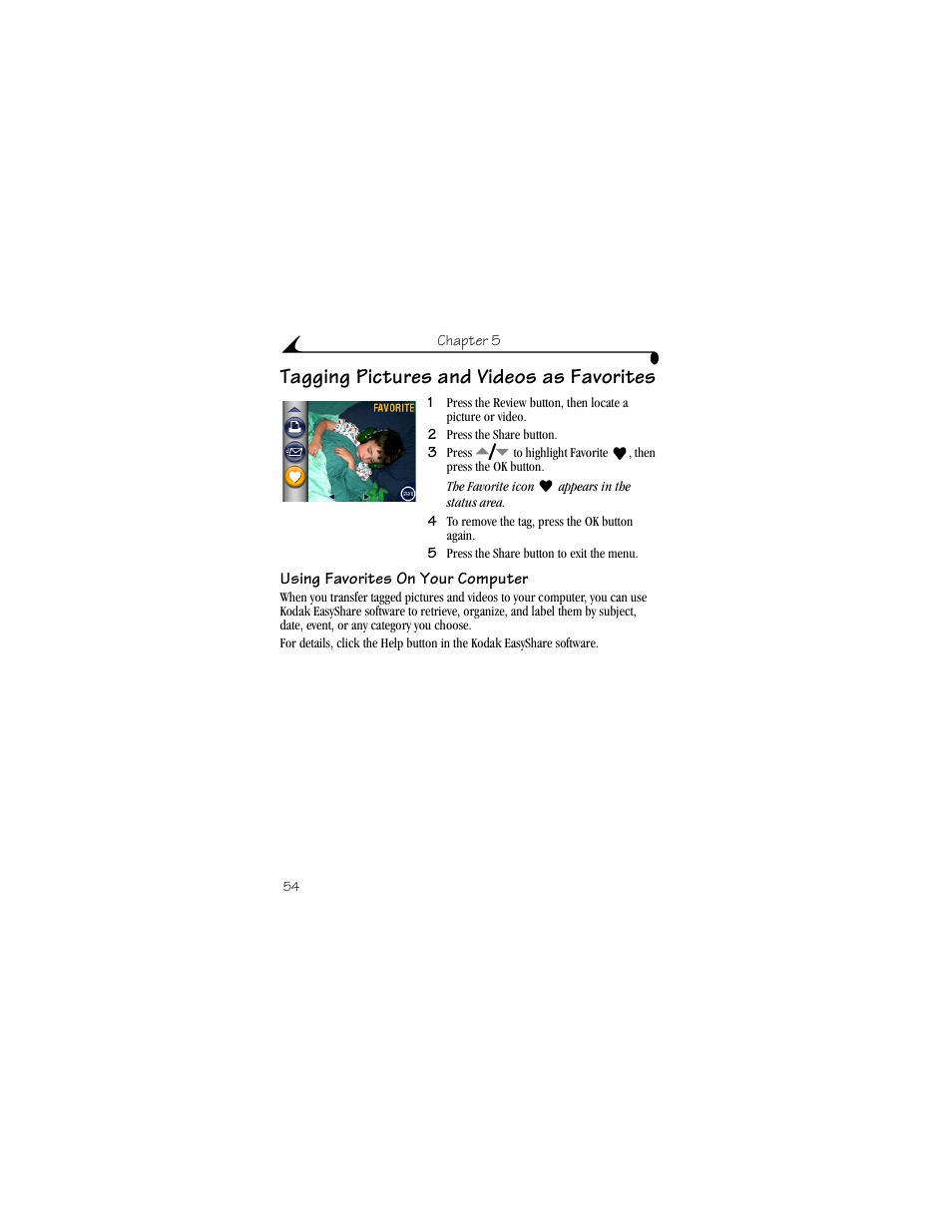 Tagging pictures and videos as favorites, Using favorites on your computer | Kodak LS633 User Manual | Page 66 / 124