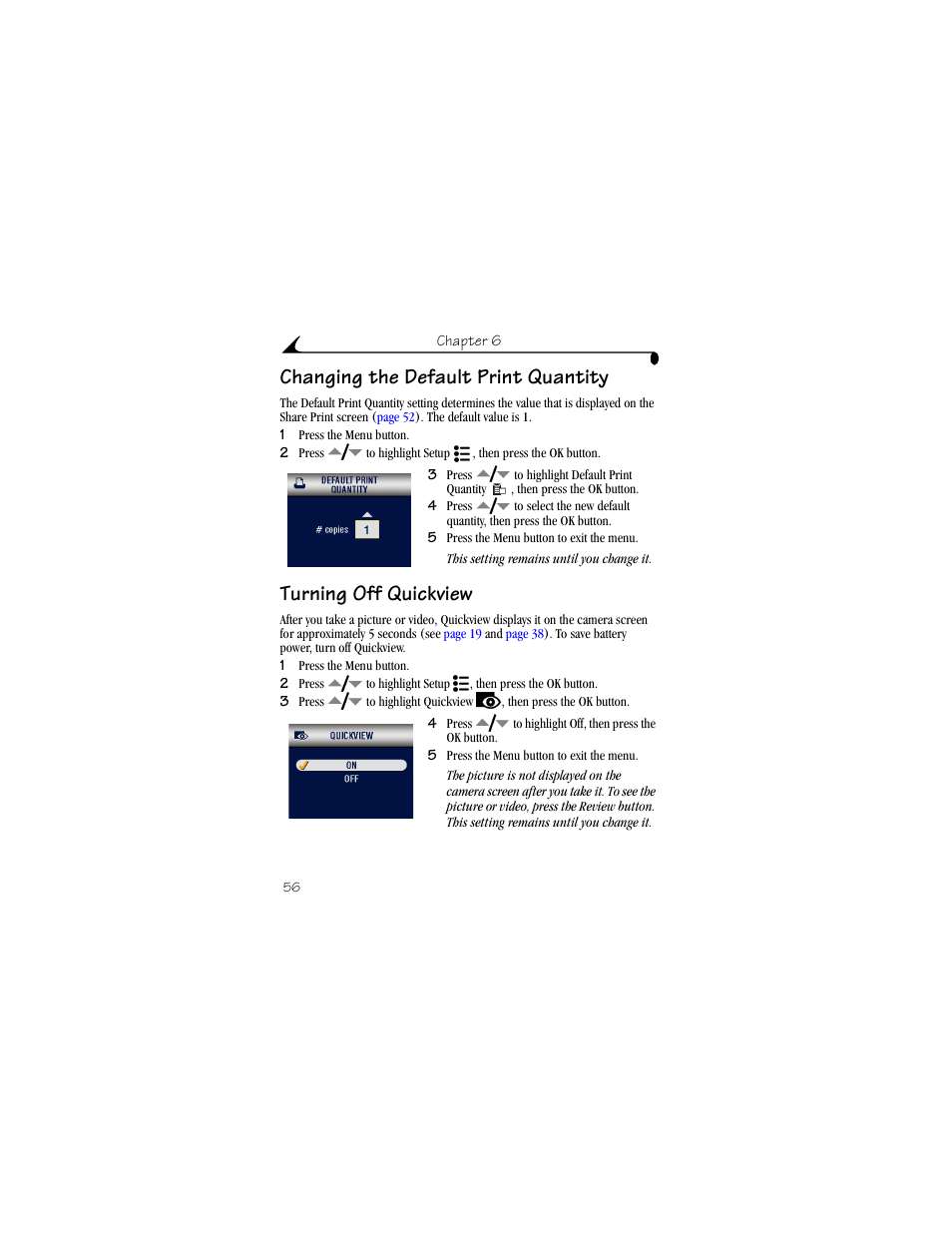 Changing the default print quantity, Turning off quickview | Kodak LS633 User Manual | Page 68 / 124