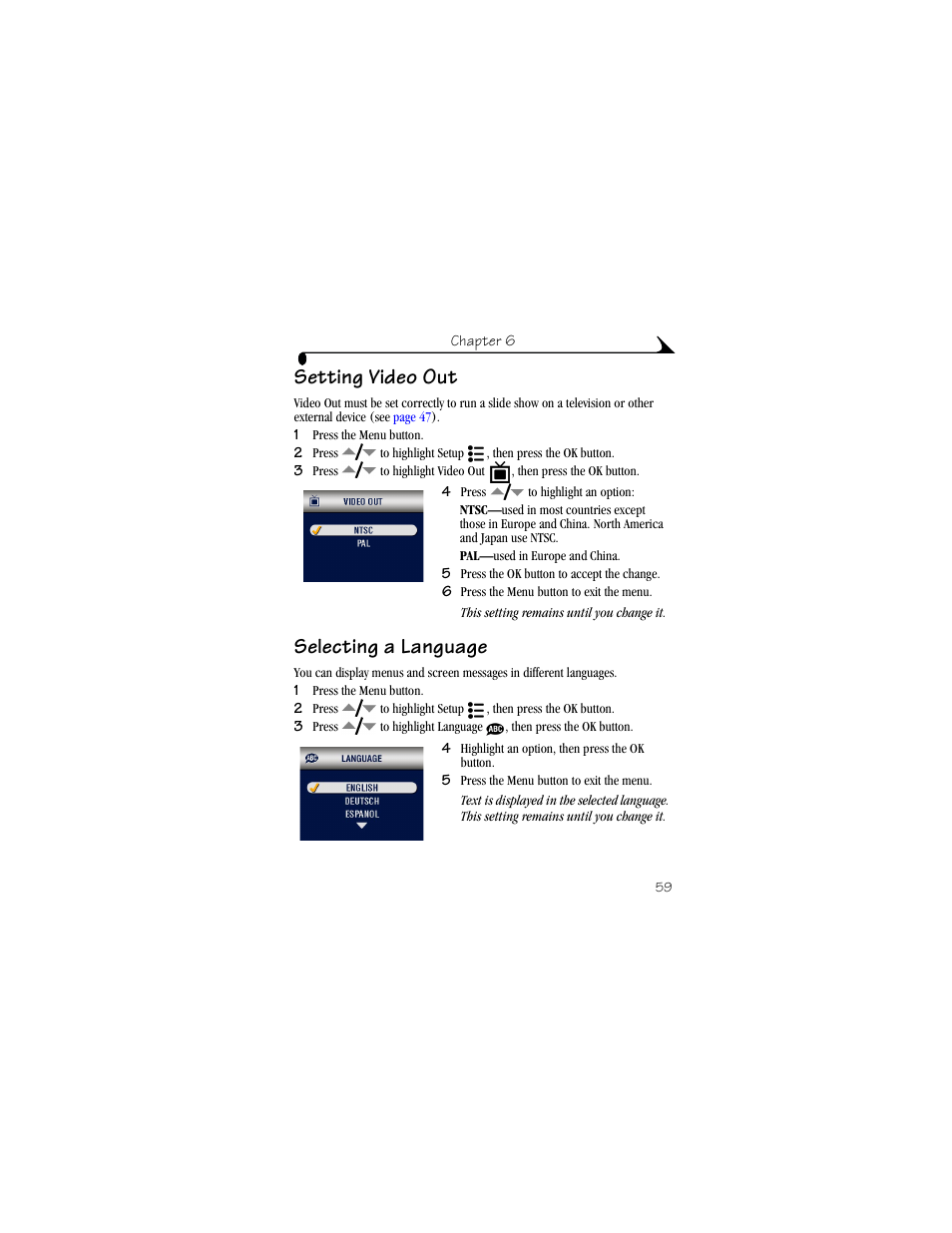 Setting video out, Selecting a language, Setting video out selecting a language | Kodak LS633 User Manual | Page 71 / 124