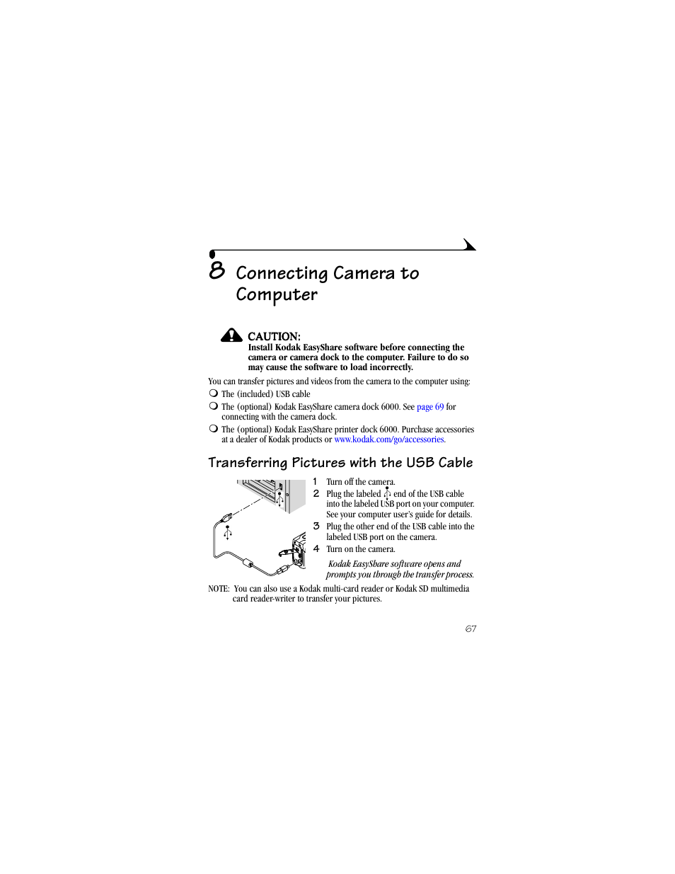 8 connecting camera to computer, Transferring pictures with the usb cable, Connecting camera to computer | Kodak LS633 User Manual | Page 79 / 124