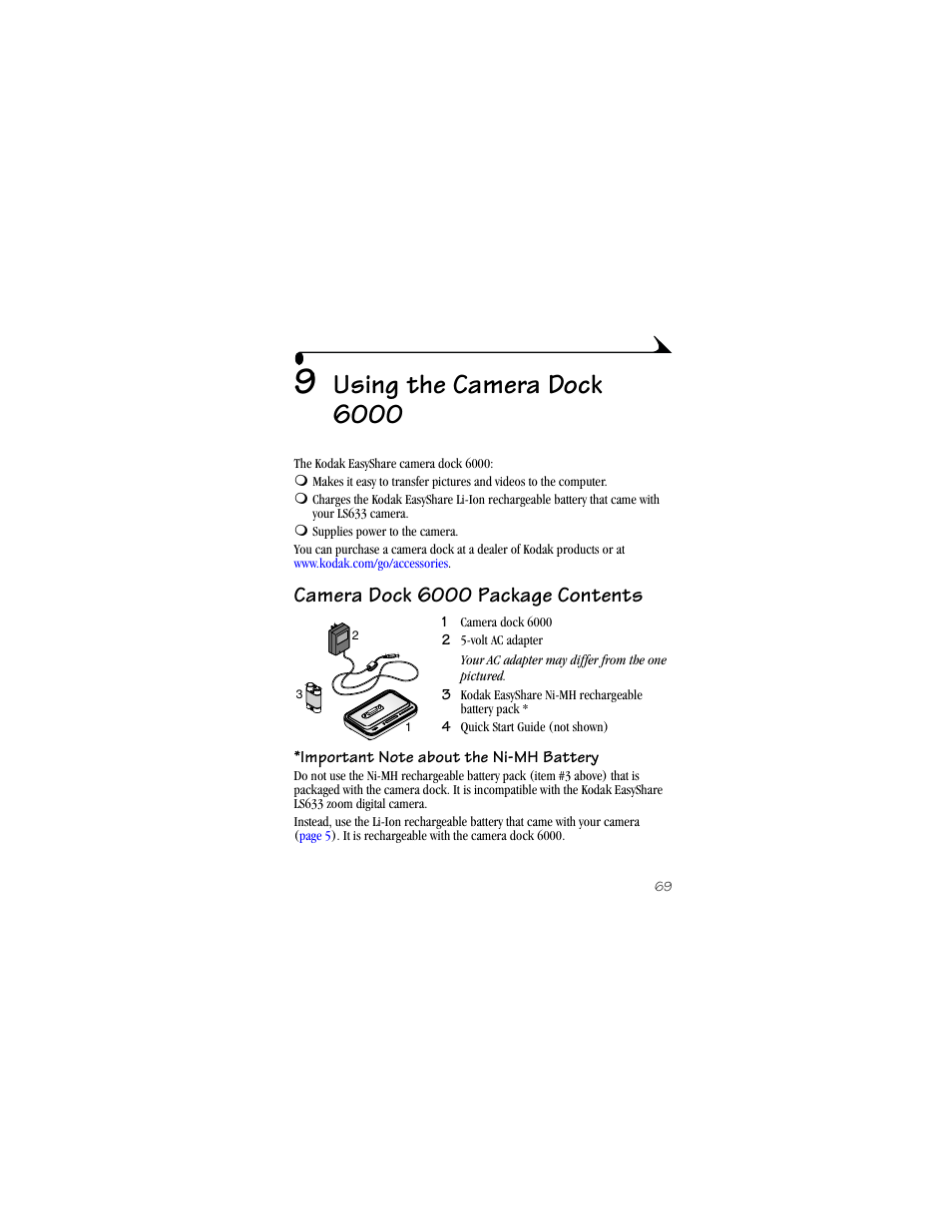 9 using the camera dock 6000, Camera dock 6000 package contents, Important note about the ni-mh battery | Using the camera dock 6000 | Kodak LS633 User Manual | Page 81 / 124