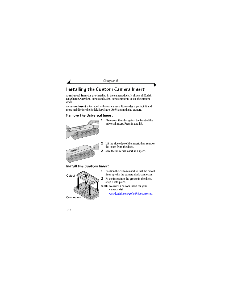 Installing the custom camera insert, Remove the universal insert, Install the custom insert | Kodak LS633 User Manual | Page 82 / 124