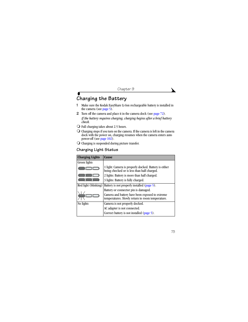 Charging the battery, Charging light status | Kodak LS633 User Manual | Page 85 / 124