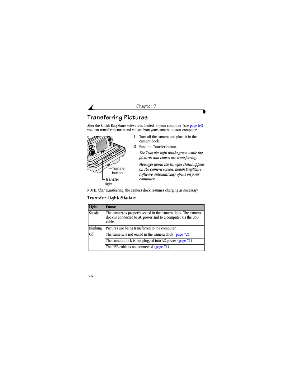 Transferring pictures, Transfer light status | Kodak LS633 User Manual | Page 86 / 124