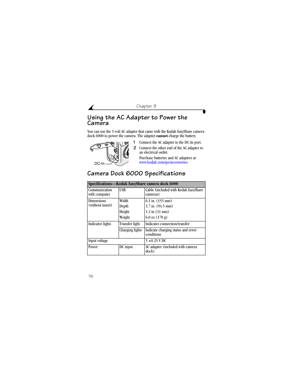 Using the ac adapter to power the camera, Camera dock 6000 specifications | Kodak LS633 User Manual | Page 88 / 124