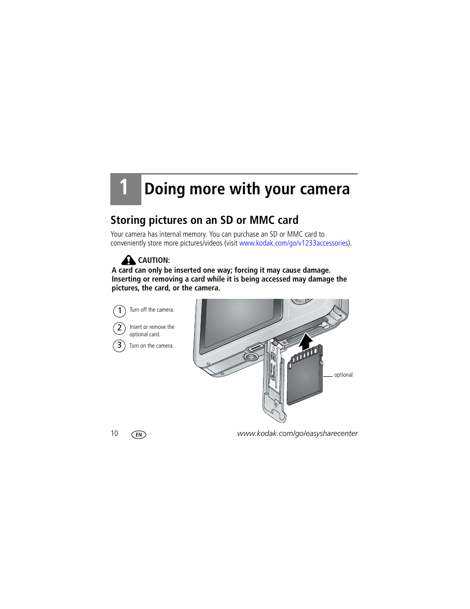 Doing more with your camera, Storing pictures on an sd or mmc card | Kodak V1233 User Manual | Page 10 / 27