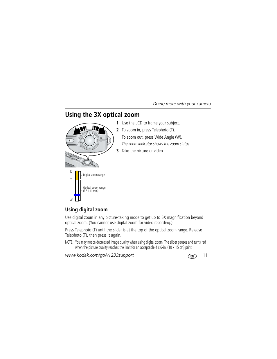 Using the 3x optical zoom, Using digital zoom | Kodak V1233 User Manual | Page 11 / 27