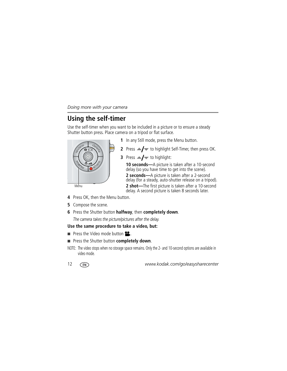 Using the self-timer | Kodak V1233 User Manual | Page 12 / 27