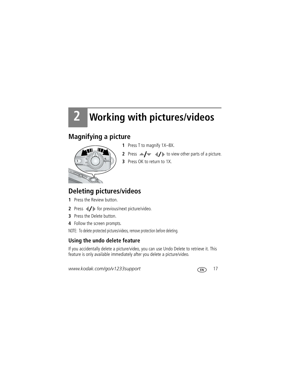 Working with pictures/videos, Magnifying a picture, Deleting pictures/videos | Kodak V1233 User Manual | Page 17 / 27