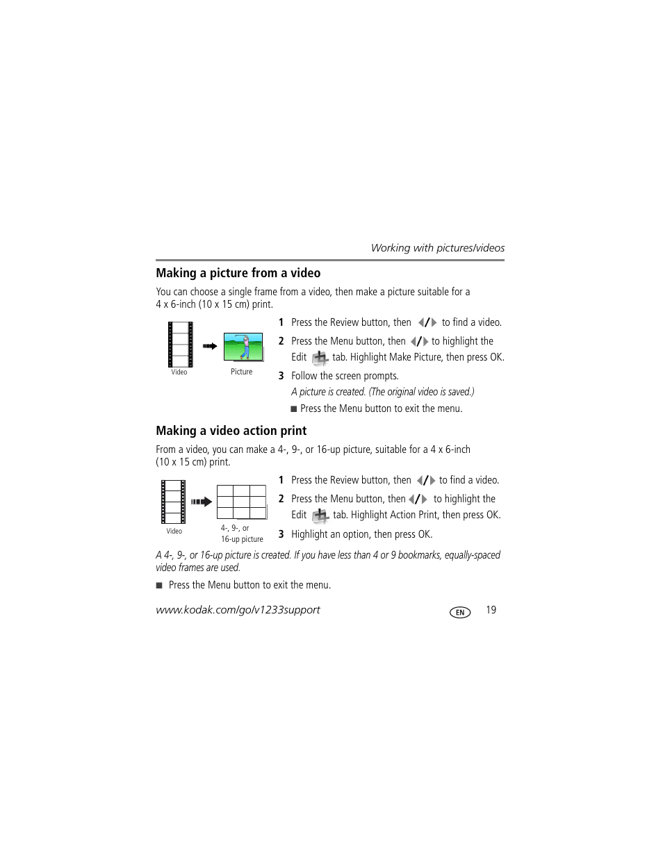 Making a picture from a video, Making a video action print | Kodak V1233 User Manual | Page 19 / 27