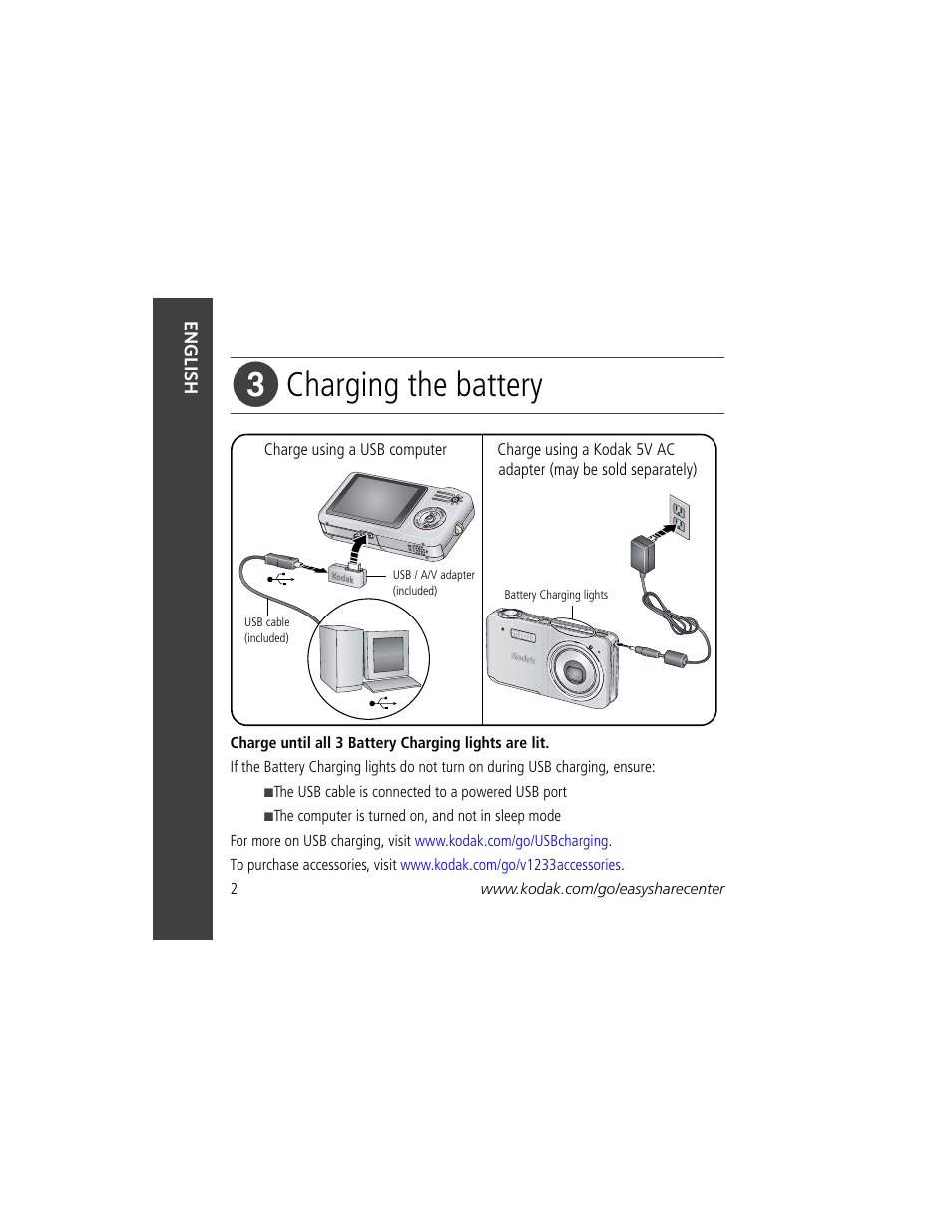 Charging the battery | Kodak V1233 User Manual | Page 2 / 27