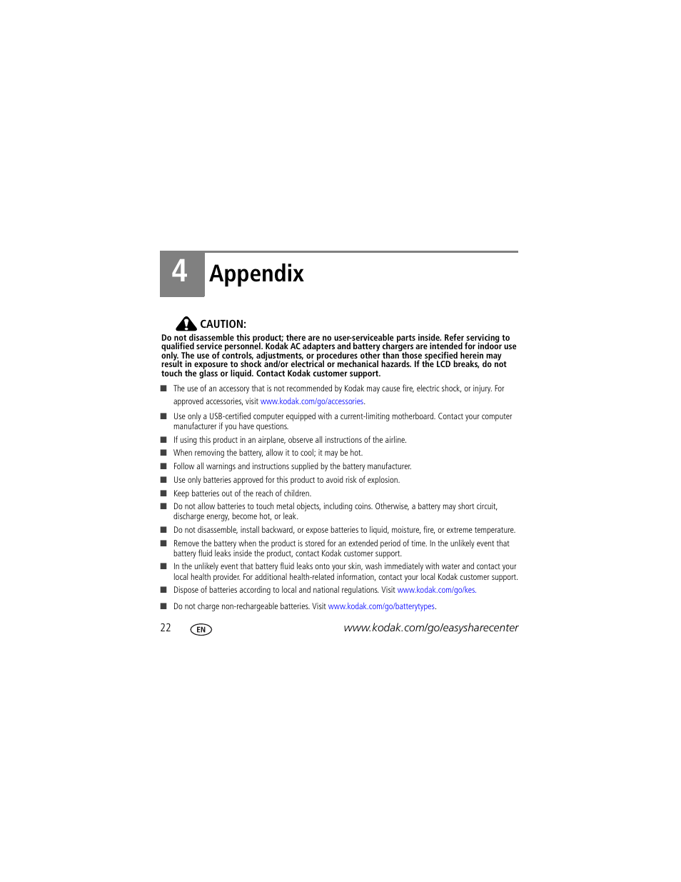 Appendix | Kodak V1233 User Manual | Page 22 / 27